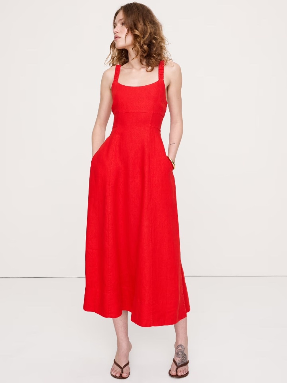 Banana Republic LINEN SQUARE-NECK MIDI DRESS Red Size Petite 0